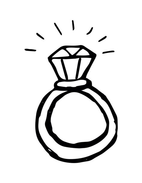 A ring with a diamond. Hand drawn doodle contour black and white vector isolated illustration. Jewellery Doodle, Paper Rings Drawing, How To Draw A Ring, Ring Illustration Drawing, Diamond Ring Sketch, Ring Drawing Simple, Ring Doodle, Rings Sketch, Rh Art