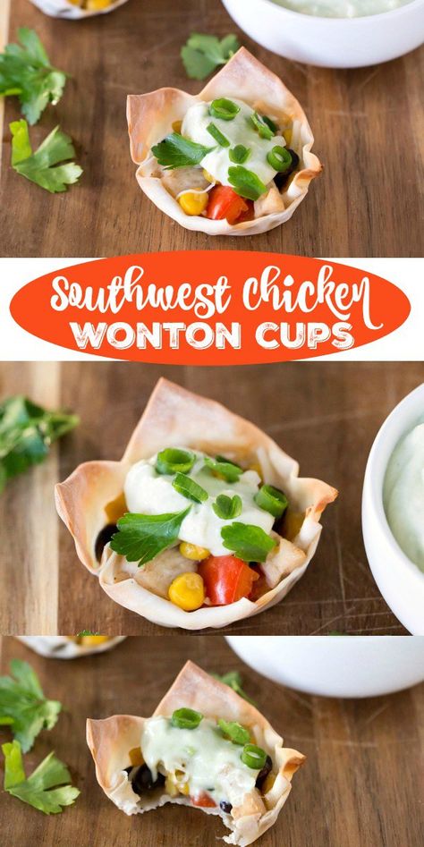 Southwest Chicken Wonton Cups With Avocado-Lime Dipping Sauce Slow Cooker Korean Bbq, Chicken Wonton Cups, Instant Pot Korean Beef, Instant Pot Korean, Slow Cooker Korean Beef, Keto Savory, Chicken Wontons, Taco Cups, Wonton Cups