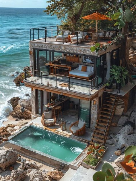 Beach House In Hawaii, Hawaii House Aesthetic, Island House Tropical, Island House Design, Beach Side House, Farm Beach House, Exterior Beach House, Alternative Housing Ideas, Hawaii Beach House