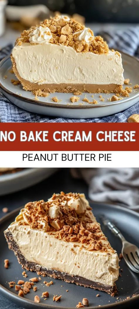 No-Bake Cream Cheese Peanut Butter Pie Cream Cheese Peanut Butter Pie, Peanut Butter Pie Filling, Cream Cheese Peanut Butter, Peanut Pie, Peanut Butter Cream Pie, Cream Cheese Pie, Cream Cheese Desserts, Peanut Butter No Bake, Peanut Butter Filling