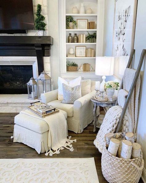 28 Extremely Cozy Fireplace Reading Nooks For Curling Up In Accent Chair In Front Of Fireplace, Chair By The Fireplace, Chair Beside Fireplace, Reading Chair By Fireplace, Cozy Corner With Chair, Fireplace Chairs Cozy, Reading Nook Fireplace, Chair Next To Fireplace, Chair By Fireplace