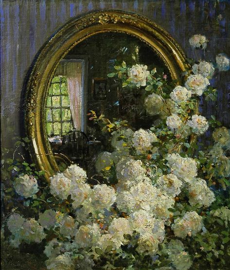 @medicishowroom on Instagram: “Flowers and mirror. Abbott Fuller Graves. b.1859. . . . #mirror #flower #beautiful #flowers #beauty #oilpainting #whiteroses #roses…” Victorian Paintings, Rennaissance Art, Art Ancien, Mirror Painting, Oil Painting Reproductions, Old Paintings, Aesthetic Painting, Romantic Art, Ethereal Art