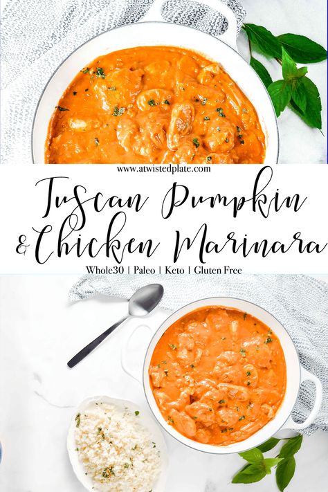 Tuscan Marinara with Pumpkin and Chicken. Made with Sage and Coconut Milk and Tomato sauce giving you the perfect fall twist to a classic dish. This delicious sauce is Dairy Free, Paleo, Keto and Whole30. #pumpkin #chicken #marinara #sauce #recipe #tuscan Pumpkin Chicken, Chicken Marinara, Marinara Sauce Recipe, Dairy Free Paleo, Veggie Noodles, Fall Dishes, Paleo Whole 30, Canned Tomato Sauce, Gluten Free Cooking