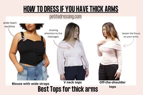 Outfits For Wide Shoulders, Thick Arms Outfit, Midsize Body Outfits, Midsize Outfit Ideas, Midsize Winter, Pear Body Shape Outfits, Chubby Girl Outfits, Thick Arms, Wide Straps Top