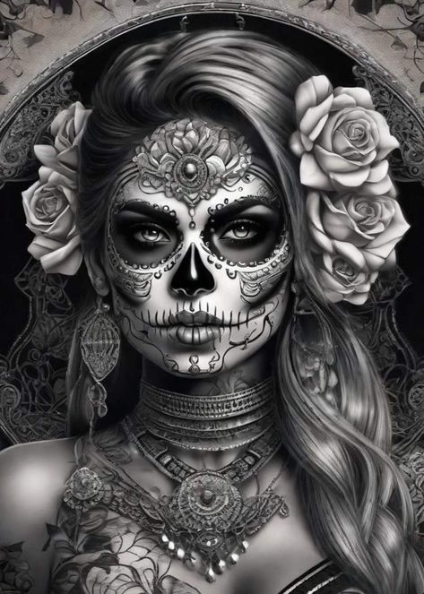 Katrina Face Painting, Day Of The Dead Drawings, Sugar Skull Tattoos For Women, Day Of The Dead Tattoo Designs, Sugar Skull Art Painting, Santa Muerte Tattoo, Mexican Skull Art, Day Of Dead Tattoo, Sugar Skull Art Drawing