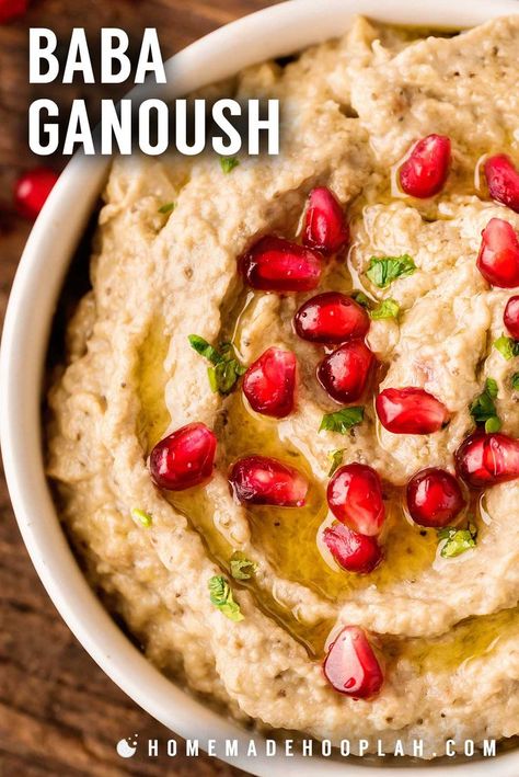 Baba Ganoush! With a delicious smoky and creamy flavor, this savory baba ganoush is perfect as a dip with veggies, a spread for toasted bread, or a garnish for grilled meats. | HomemadeHooplah.com Authentic Baba Ganoush Recipe, Dip With Veggies, Baba Ganoush Recipe, Babaganoush Recipe, Baba Ganoush, Grilled Meats, Delicious Appetizer Recipes, Best Appetizer Recipes, Toasted Bread