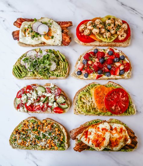 Snack Toast Ideas, Cafe Toast Ideas, Gourmet Cafe Food, Savory Breakfast Toast Ideas, Healthy Cafe Breakfast, Toppings For Toast, Sourdough Toast Ideas Breakfast Recipes, Bread For Breakfast Ideas, Honey Avocado Toast