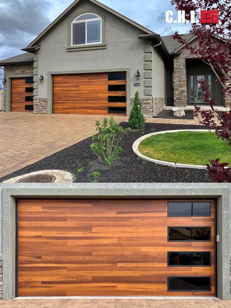 Horizontal grooves lend texture and interest to Planks doors, creating depth and subtle dimension. Boost your curb appeal with a new garage door in Accents Woodtones. Shown in Cedar. Credit: Truckee Overhead Doors Modern Cedar Garage Door, Horizontal Garage Door, Garage Door With Side Windows, Wooden Garage Doors Modern, Wooden Garage Doors Diy, Cool Garage Doors, Modern Garage Door Styles, Cedar Exterior Accents, Modern Garage Doors With Windows