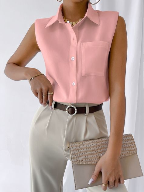 Shoulder Pad Sleeveless Shirt | SHEIN USA Sleeveless Blouse Outfit, Sleeveless Shirt Outfit, Sleeveless Top Outfit, Collared Shirt Outfits, Sleeveless Shirt Women, White Shirt Outfits, Smart Outfit, Plain Shirt, Women Blouses