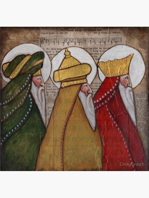 "The Magi; Three Kings; Three Wise Men" Sticker by CindyGrosch | Redbubble The Three Kings, We Three Kings, Christmas Card Art, Church Banners, Three Wise Men, King Art, Three Kings, Navidad Christmas, Vintage Sheet Music