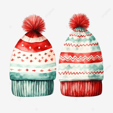 watercolor christmas knitted hats and sock illustration christmas watercolor winter watercolor chr Winter Hat Illustration, Knit Illustration, Watercolor Knitting, Knitting Drawing, Socks Illustration, Cute Winter Hats, Transparent Watercolor, Kitchen Christmas Gifts, Illustration Christmas