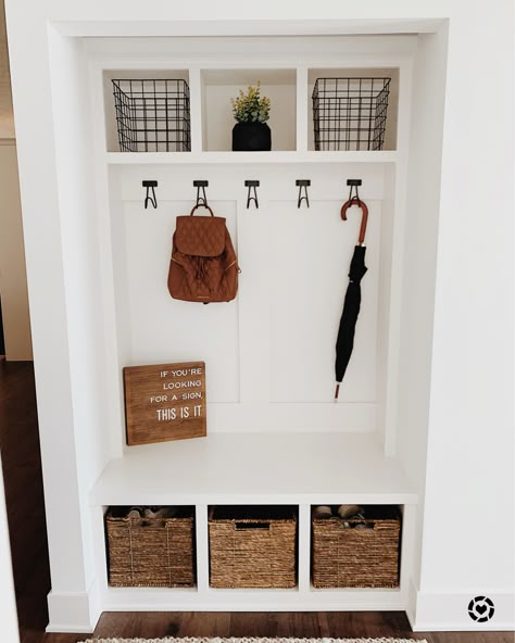 Mini Drop Zone, Drop Zone Ideas Entryway Modern, Narrow Drop Zone, Drop Station Entryway, Backpack Station At Home, Shoe Drop Zone, Backpack Drop Zone, Drop Off Zone Entryway, Mudroom Dropzone