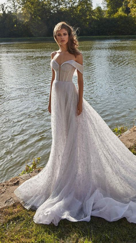 Contrast with the industrial backdrop of your wedding venue with our Galia Lahav architectural off-the-shoulder corset #Aretha wedding dress with hypnotic lilac and silver shimmering tulle layers conjures up an enchanted, fairytale princess theme. Short Height Girl, Galia Lahav Bridal, Moody Sky, Sky Wedding, Short Bride, Colored Wedding Dress, Petite Wedding Dress, Pleated Tulle, White Bridal Dresses