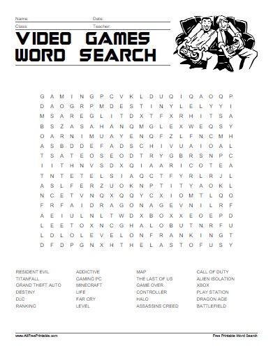 Free Printable Video Games Word Search. Free Printable Video Games Word Search, a great activity to share with gamers. Use this Word Search to share with student at school or your kids at home. Print it free using your laser or inkjet printer and have fun searching the 24 video games related words. Find words like PlayStation, Halo, controller, life, Video Game Word Search, Gamers Party Ideas, Notebooks Design, School Sheets, Printable Word Games, Mario Crafts, Free Printable Word Searches, Children Games, Gaming Ideas