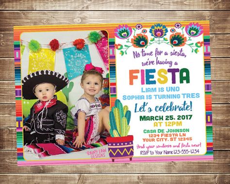 No time to siesta, its time to FIESTA! Do you know a couple someones who are turning UNO?! DOS?! TRES?! (or any other age?!) Set the tone for your joint birthday fiesta with this custom, Mexican fiesta theme invitation. This printable invitation is perfect for your childs Fiesta theme birthday party! Fiesta Invitations, Fiesta Invite with Photo, Fiesta Photo Invitations, Mexican Fiesta Invites, Joint Birthday Fiesta, Twin Fiesta Invite Fiesta Party Ideas, Fiesta Invite, Invite With Photo, First Fiesta, Mexican Birthday Parties, Birthday Fiesta, Fiesta Birthday Party, Mexican Birthday, Twin First Birthday