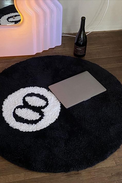 Chill Room Decor, Room Party Decorations, 8 Ball Rug, Circle Rugs, Eight Ball, Soft Chair, Chill Room, Carpet Decor, Black Carpet