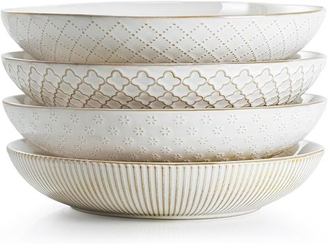 Amazon.com | getstar Pasta Bowls, Large Salad Serving Bowls (9.2 inch/42 oz), Ceramic Bowl Plates Set of 4, Farmhouse Embossments, Microwave and Dishwasher Safe: Pasta Bowls White Pasta Bowls, Large Salad, Bedroom Interior Design Luxury, Plates And Bowls Set, Kitchen Plate, Pasta Bowl Set, Pasta Bowls, Plates Set, Ceramic Bowl