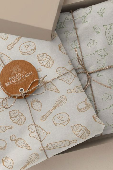 bakery packaging design brand pattern and packaging label baked at Bremon farm bakery label design Rustic Packaging Design, Patisserie Branding Design, Vintage Bakery Packaging, Bakery Pattern Design, Artisan Bakery Branding, Bakery Branding Packaging, Rustic Branding Design, Baking Branding, Pastry Branding