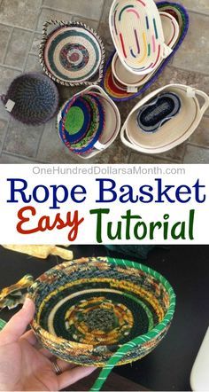 Rope Basket Tutorial, Diy Laine, Clothesline Basket, Fabric Basket Tutorial, Diy Rope Basket, Basket Weaving Diy, Coiled Fabric Basket, Rope Projects, Coiled Baskets