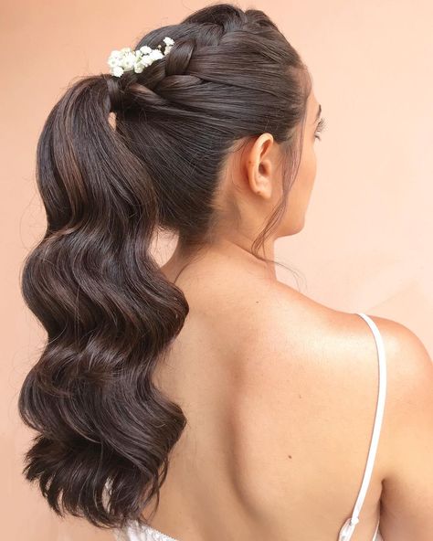 Hair | makeup | flowers on Instagram: “Perfect ponytail ❣️ 050-9954443 . . . . . . . . . . . . . . . #bridesmaids #bride #bridehairstyle #bohostyle #bohohair #blondehair…” High Ponytails With Braids, Ponytail With Flowers, High Ponytail Braid, Floral Ponytail, Perfect Ponytail, Ponytail Updo, Flower Braids, High Ponytails, Boho Hairstyles