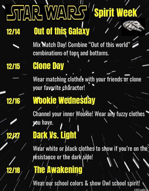 Space Theme Spirit Week, School Testing Themes, Star Wars Pep Rally Ideas, State Testing Spirit Week Ideas, Star Wars School Theme, Testing Themes, Space Vbs, Trek Ideas, Star Wars Classroom