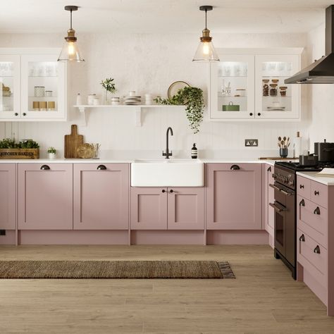 Howdens on Instagram: “This kitchen has tickled us pink. 🎀 Kitchens featured: Chilcomb Paintable in Antique Rose and Chilcomb Porcelain” Pink Kitchen Cabinets, Kitchen Sink Units, Shaker Kitchen Doors, Pink Kitchens, Rose Kitchen, Howdens Kitchens, Kitchen Cupboards Paint, Residential Building Design, Freestanding Kitchen