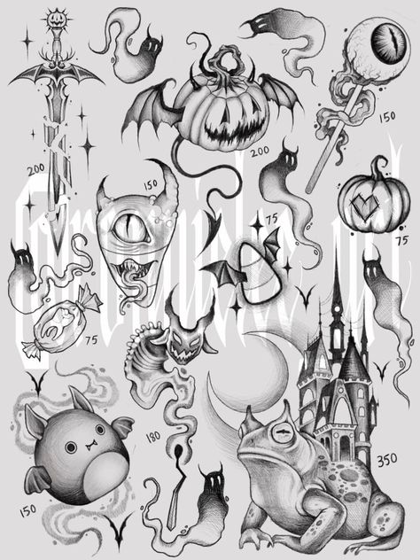 Friday 13th Flash Sheet, Eerie Tattoos, Dark Flash Tattoo, Halloween Flash Tattoo, Halloween Tattoo Flash, Black Line Tattoo, Halloween Flash, Flash Sheets, Party Tattoos