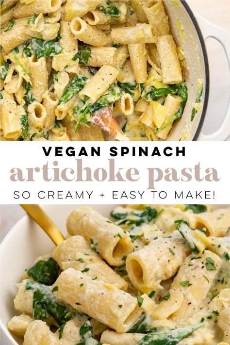 Artichoke Heart Recipes Vegan, Vegan Spinach Artichoke Lasagna, Vegan Alfredo Recipe, Spinach Artichoke Pasta Vegan, Vegan Creamy Spinach Pasta, Artichoke Vegan Recipes, Artichoke Heart Pasta Recipes, Vegan Artichoke Heart Recipes, Wfpb Pasta Recipes