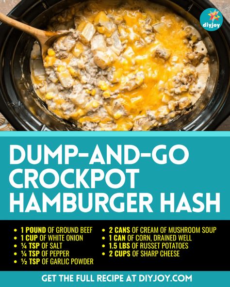 Easy Dump-and-Go Crockpot Hamburger Hash Recipe Frozen Hamburger Crockpot Recipes, Hamburger Meat Recipes Crockpot Easy, Hamburger Meat And Hashbrown Recipes, Hamburger Hash Recipe, Easy Crockpot Meals Ground Beef, Hamburger Potato Crockpot Recipes, Crock Pot Recipes With Hamburger Meat, Ground Beef Dump Recipes Crock Pot, Crockpot Hamburger And Potatoes