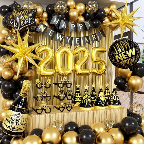 2025 New Year's Eve party kit!  Includes balloons, banners, hats, glasses, & more. Easy setup for a festive celebration. Reusable! Black And Gold New Years Eve Party Decor, New Year’s Party Decor, 2025 Number, New Year's Eve Backdrop, New Year Party Decorations, New Year Party Decor, New Years Eve Party Ideas Decorations, New Years Decor, Nye Decorations