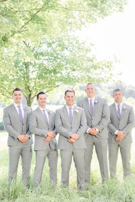 Wisteria And Grey Wedding, Gray And Lilac Wedding, Lavender Wedding Party Groomsmen, Light Gray Suit Lavender Tie, Grey Tuxedo With Lavender, Tangled Wedding Theme Grooms, Lavender And Charcoal Grey Wedding, Light Grey And Purple Wedding, Grey Suit Lilac Tie