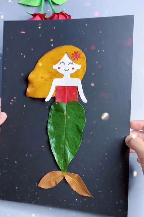 Creative Arts - Paintings from leaves Newspaper Crafts Diy, Autumn Leaves Craft, Craft Work For Kids, Mermaid Crafts, Toddler Arts And Crafts, Easy Fall Crafts, Leaves Art, Hand Crafts For Kids, Animal Crafts For Kids