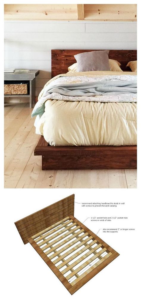 Build A Platform Bed, Diy Bed Frame Easy, Bed Frame Plans, Diy Platform Bed, Murphy Bed Plans, Low Bed, Diy Bed Frame, Queen Headboard, Wood Beds