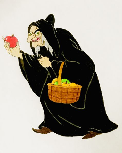 Drawing of the Evil Witch from Snow White and the Seven Dwarfs Evil Queen Snow White Art, Snow White And The Seven Dwarfs Drawing, Witch Cartoon Character, Evil Witch Snow White, Witch From Snow White, Snow White Stepmother, Movie Character Drawings, Dark Disney Tattoo, Snow White Witch