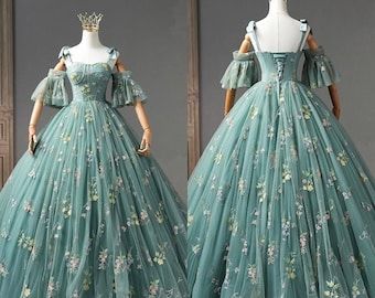 Long Sweet 16 Dresses, Poofy Dress, Floral Prom Dresses, Green Tulle, Lace Formal Dress, فستان سهرة, Green Prom Dress, Sweet 16 Dresses, Dress Images