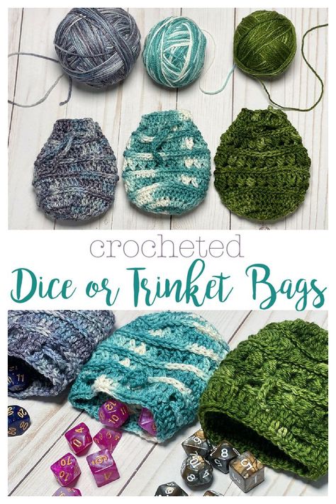 Small crocheted drawstring bags to hold dice, trinkets, or any small items you want. 3 different stitch patterns to choose from. Things To Sew And Sell At Craft Fairs, Small Crochet Items For Craft Fair, Small Things To Crochet When Bored, Easy To Sell Crochet Items, Free Small Crochet Projects, Crochet Patterns Small Projects, Small And Quick Crochet Projects, Simple Small Crochet Projects, Crochet Small Items