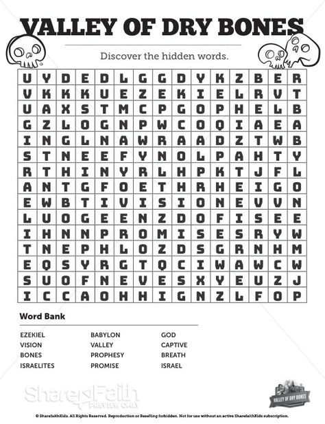 Ezekiel 37 Valley of Dry Bones Bible Word Search Puzzles Ezekiel Bible, Sunday School Crossword, Valley Of Dry Bones, Ezekiel 37, Bible Bookmarks, Bible Word Searches, Sunday School Projects, Sunday School Coloring Pages, Bible Video