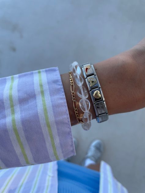 Bracelets On Wrist Aesthetic, Nomination Bracelet Aesthetic, Nomination Bracelet Ideas, Italian Charm Bracelet Aesthetic, Nomination Bracelet, Italian Bracelet, Bff Jewelry, Vintage Charm Bracelet, Wrist Jewelry