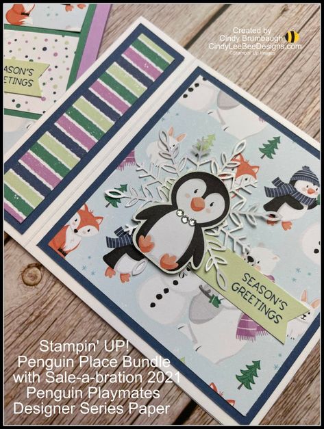 Stampin Up Penguin Place, Stampin Up Penguin, Penguin Builder Punch, Cas Christmas Cards, Penguin Christmas Cards, Penguin Cards, Playful Penguins, Bee Designs, Horse Cards