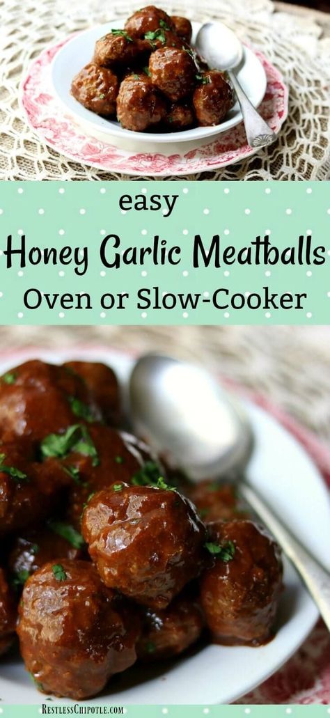 Easy honey garlic meatballs are baked in the oven so that the meatballs are tender and the sweet-tangy-spicy sauce forms a sticky glaze. Best recipe ever! from RestlessChipotle.com #appetizer #meatballs via @Marye at Restless Chipotle Appetizers Meatballs, Oven Meatballs, Honey Garlic Meatballs, Garlic Meatballs, Easy Meatball, Restless Chipotle, Appetizer Meatballs, Meatball Recipes Easy, Meatball Recipe