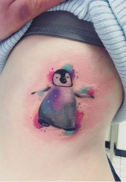 Watercolor penguin tattoo on the side Partner Tattoos, Penguin Tattoo, R Tattoo, Cartoon Tattoos, Time Tattoos, Family Tattoos, Foot Tattoo, Disney Tattoos, Design Tattoo