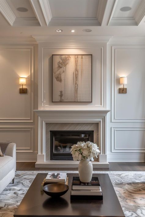 24 Stunning Wainscoting Ideas for Living Rooms Living Room Layout With Fireplace And Tv On Adjacent Walls, Wall Moulding Around Fireplace, Fireplace Wall Molding, Molding Over Fireplace, Craftsman Style Home Interior, Moulding Around Fireplace, Fireplace Wall Paneling Ideas, Molding Above Fireplace, Living Room Wall Moulding