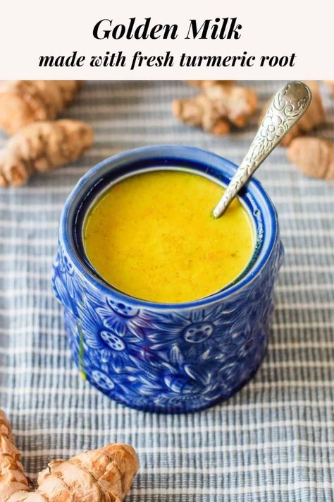 A soothing hot drink full of spices that can be enjoyed at any time of day. Tumeric Root Recipes Food, Turmeric Latte Recipe, Turmeric Golden Milk, Turmeric Paste, Fresh Turmeric Root, Turmeric Drink, Golden Milk Recipe, Turmeric Milk, Turmeric Latte