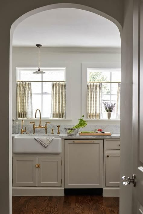 Kitchen Sink Curtains, Ivory Kitchen Cabinets, Ivory Cabinets, Over Kitchen Sink, Above Kitchen Sink, Ivory Kitchen, Cafe Curtains Kitchen, Pantry Remodel, Cafe Curtain