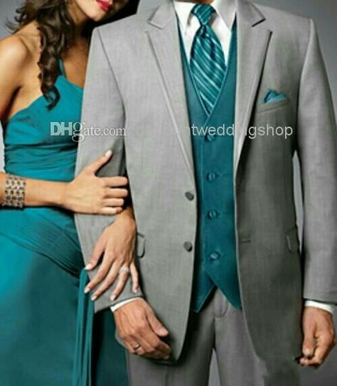 Turquoise Tuxedo, Mens Vest Fashion, Teal Tie, Mens Blazer, Groomsmen Wedding, Groom Tuxedo, Vest And Tie, Party Suits, Chiffon Dress Long