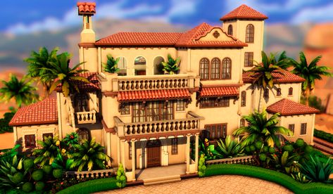 Mod The Sims - NO CC - Mediterranean Mansion Houses Mediterranean, Mexican Mansion, Spanish Style Mansion, The Sims 4 Sims, Spanish Mansion, Sims 2 House, Sims 4 Houses Layout, Oasis Springs, Mediterranean Mansion