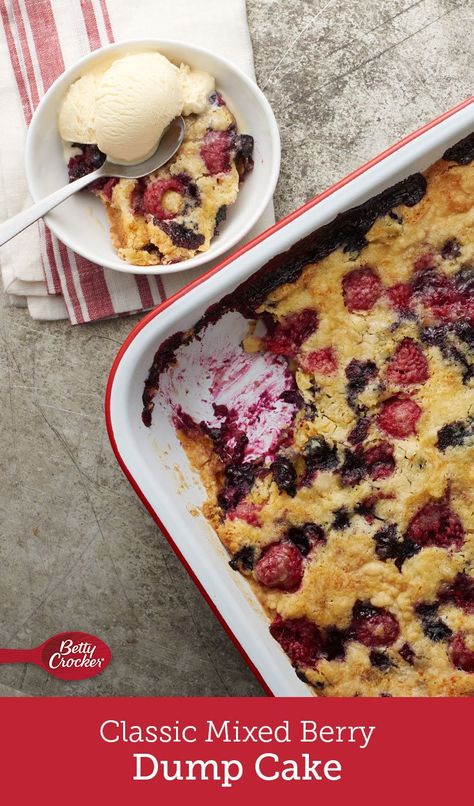 Bursting with fresh blueberries and raspberries and brightened with lemon juice, this traditional dump cake will become a summer staple. Strawberry And Blueberry Dump Cake, Betty Crocker Dump Cake Recipes, Easy Berry Dump Cake, Dump Cake With Fresh Fruit, Fresh Raspberry Dump Cake, Berry Dump Cake Recipes, Mixed Berry Dump Cake, Raspberry Dump Cake, Berry Dump Cake