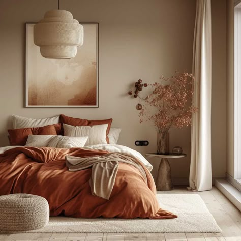 70 Bedroom, Bedroom Color Combination, Minimalist Bedroom Decor, Bedroom Colour, Earthy Bedroom, Warm Bedroom, Bedroom Orange, Bedroom Wall Colors, Gold Bedroom