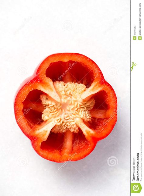 Photo about Fresh cut red bell pepper with stem removed. selective focus on seeds. top view. isolated on a white marble background, vertical, close up. Image of product, seeds, closeup - 57085053 Art Club Projects, Pasta Brands, White Marble Background, Marble Background, Red Bell Pepper, Fresh Cut, Bell Pepper, Gummy Candy, Top View