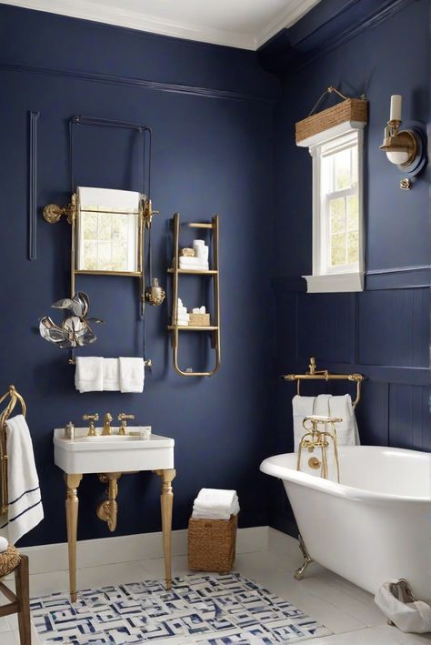 Bathroom wall paint, navy blue decor, navy blue interior, paint color guide Blue Paint For Bathroom, Navy Bathroom Walls, Wall Paint Bathroom, Navy Wall Paint, White Dove Cabinets, Alder Wood Kitchen Cabinets, Navy Blue Bathroom, Windowless Bathroom, Dark Blue Bathrooms